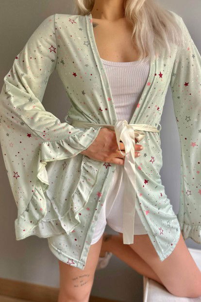 Mint Yeşili Yıldız Desenli Kadın Kimono Sabahlık - 5
