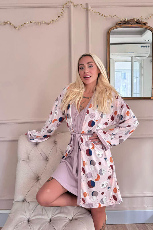 Mor Aydede Desenli Termal Gecelik Sabahlıklı Kadın Pijama Takımı - Pijamaevi (2)