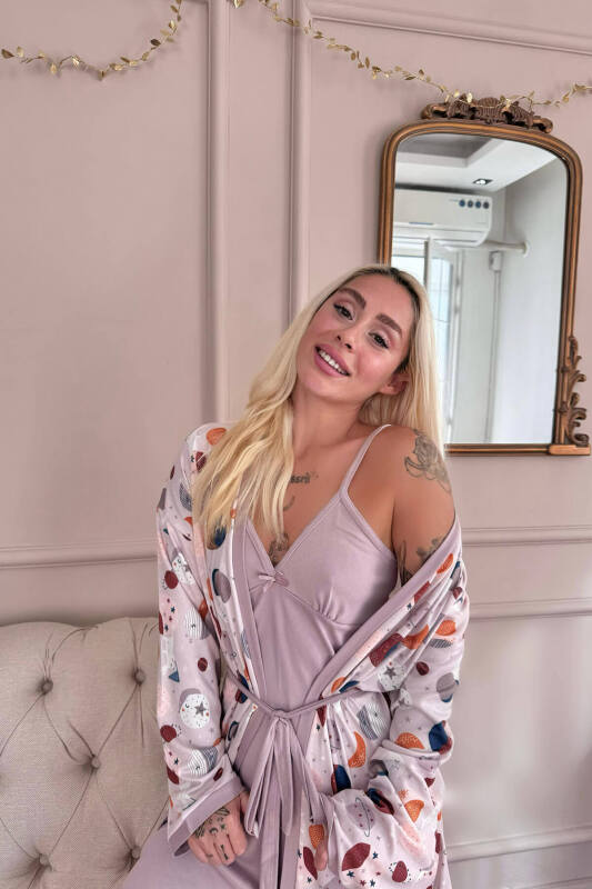 Mor Aydede Desenli Termal Gecelik Sabahlıklı Kadın Pijama Takımı - Pijamaevi (3)