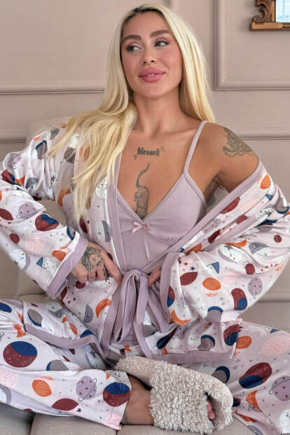 Mor Aydede Desenli Termal Sabahlıklı Kadın Pijama Takımı - 7