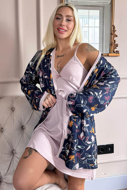 Mor Bough Desenli Termal Gecelik Sabahlıklı Kadın Pijama Takımı - Pijamaevi