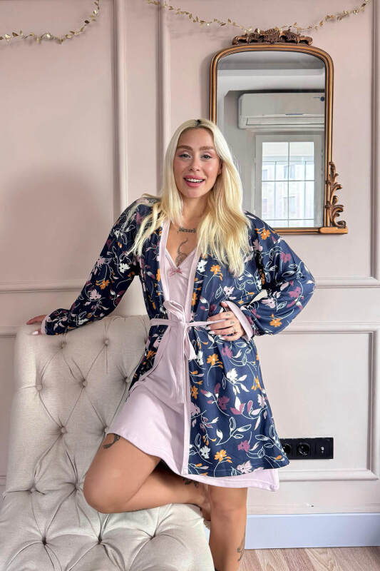 Mor Bough Desenli Termal Gecelik Sabahlıklı Kadın Pijama Takımı - Pijamaevi (1)