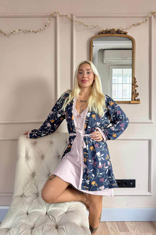 Mor Bough Desenli Termal Gecelik Sabahlıklı Kadın Pijama Takımı - Pijamaevi (2)