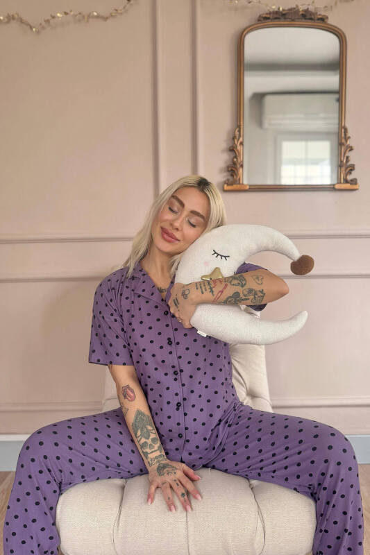 Mor Chic Polka Desenli Bambu Önden Düğmeli Kısa Kol Pijama Takımı - Pijamaevi (1)