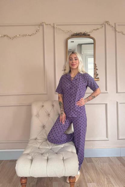 Mor Chic Polka Desenli Bambu Önden Düğmeli Kısa Kol Pijama Takımı - 6