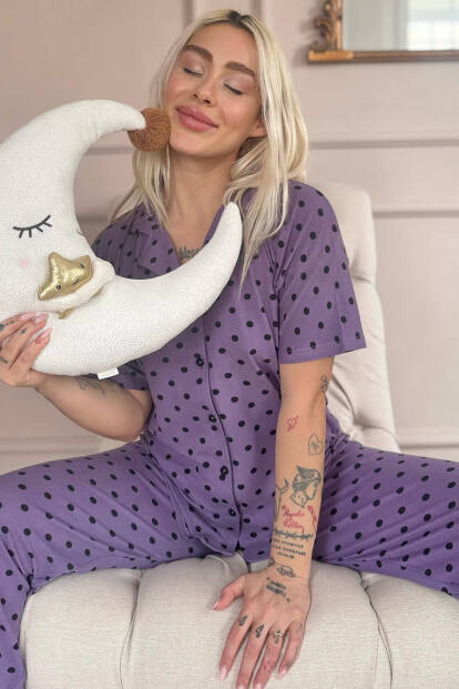 Mor Chic Polka Desenli Bambu Önden Düğmeli Kısa Kol Pijama Takımı - 7