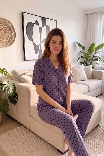 Mor Chic Polka Desenli Bambu Önden Düğmeli Kısa Kol Pijama Takımı - 2