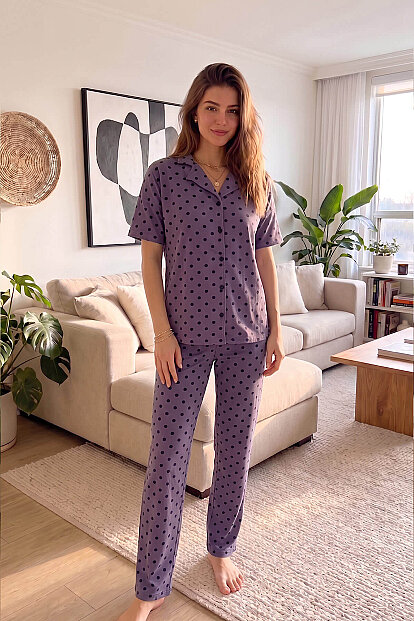 Mor Chic Polka Desenli Bambu Önden Düğmeli Kısa Kol Pijama Takımı - 6