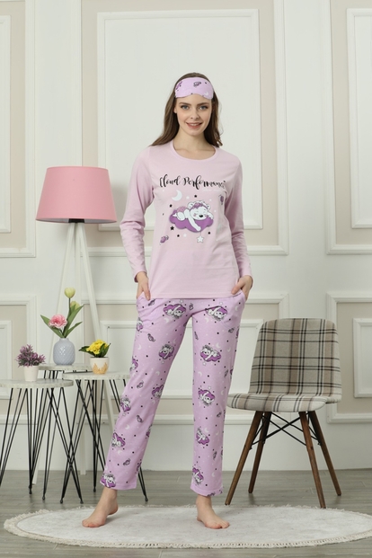 Mor Cloud Desenli Uzun Kollu Kadın Pijama Takımı - 2