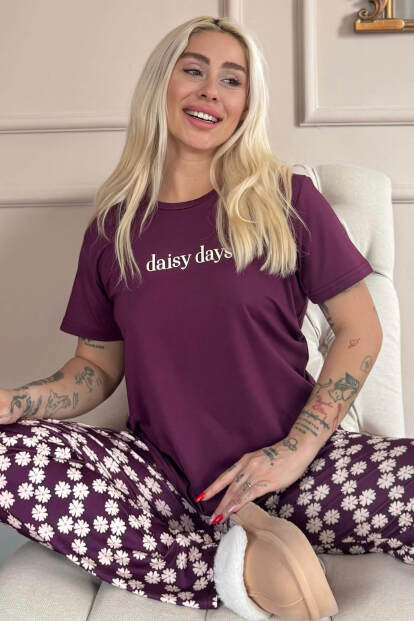 Mor Daisy Days Desenli Kısa Kollu Kadın Pijama Takımı - 7