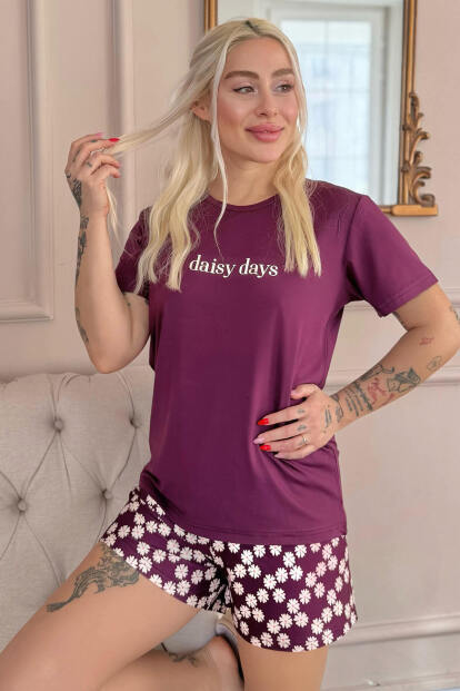 Mor Daisy Days Desenli Kısa Kollu Şortlu Örme Kadın Pijama Takımı - 6