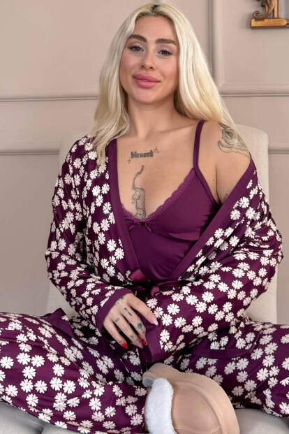Mor Daisy Exclusive Örme Sabahlıklı Kadın Pijama Takım - 7