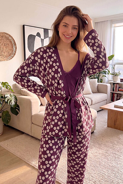 Mor Daisy Exclusive Örme Sabahlıklı Kadın Pijama Takım - 8
