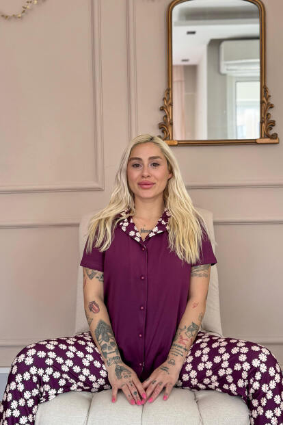 Mor Daisy Exclusive Önden Düğmeli Kadın Pijama Takım - 2