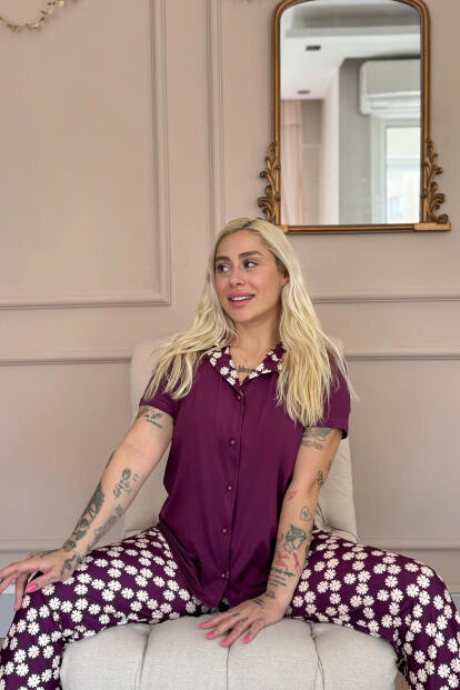 Mor Daisy Exclusive Önden Düğmeli Kadın Pijama Takım - 3