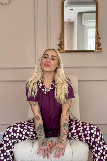 Mor Daisy Exclusive Önden Düğmeli Kadın Pijama Takım - 4