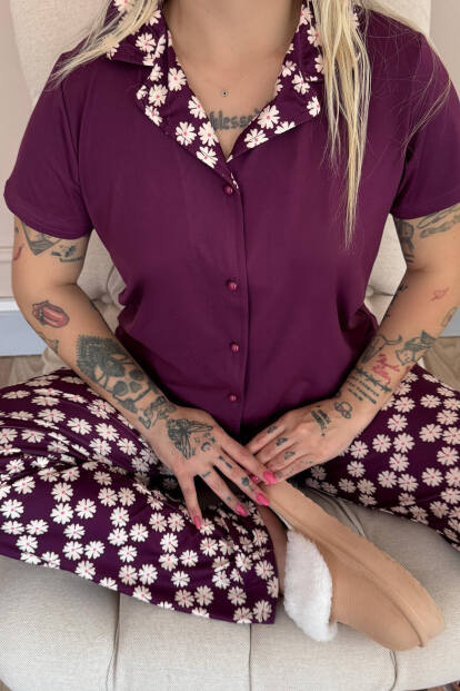 Mor Daisy Exclusive Önden Düğmeli Kadın Pijama Takım - 5