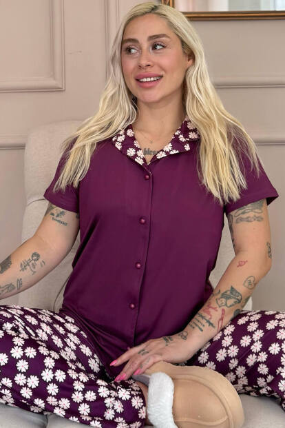 Mor Daisy Exclusive Önden Düğmeli Kadın Pijama Takım - 7