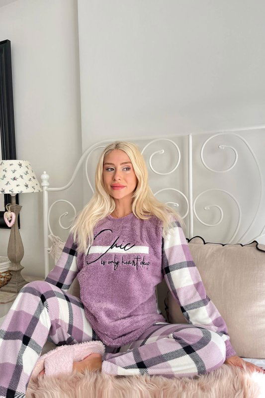 Mor Deep Chic Desenli Kadın Peluş Pijama Takımı - Pijamaevi (2)