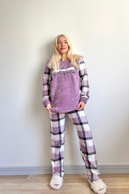 Mor Deep Chic Desenli Kadın Peluş Pijama Takımı - 5