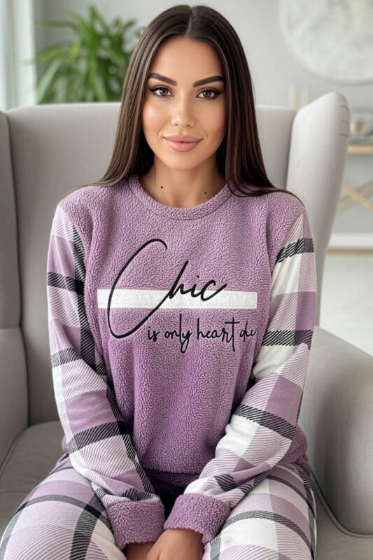 Mor Deep Chic Desenli Kadın Peluş Pijama Takımı - Pijamaevi