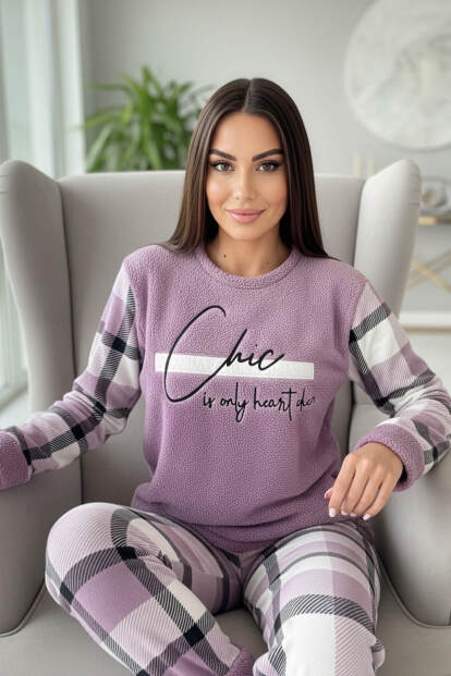 Mor Deep Chic Desenli Kadın Peluş Pijama Takımı - 2