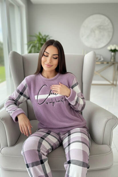 Mor Deep Chic Desenli Kadın Peluş Pijama Takımı - 3
