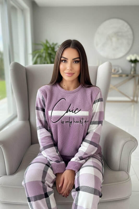 Mor Deep Chic Desenli Kadın Peluş Pijama Takımı - Pijamaevi (3)