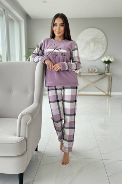 Mor Deep Chic Desenli Kadın Peluş Pijama Takımı - 5