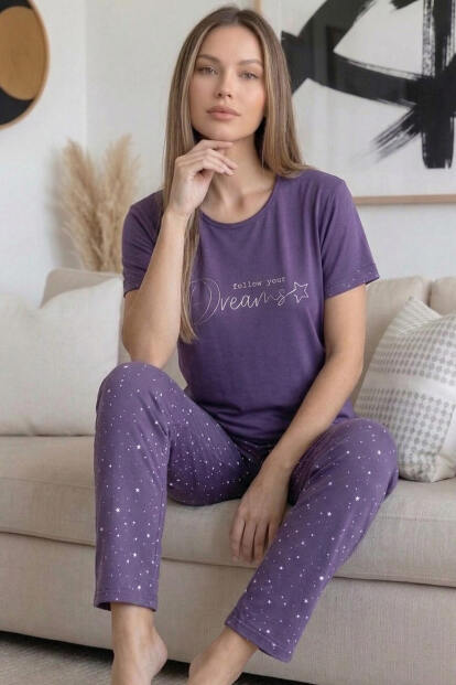 Mor Dreams Desenli Bambu Kısa Kol Kadın Pijama Takımı 