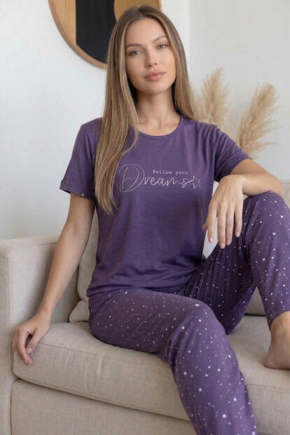 Mor Dreams Desenli Bambu Kısa Kol Kadın Pijama Takımı - 2