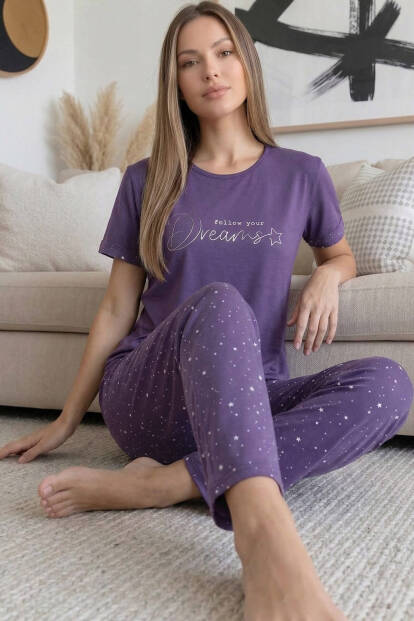 Mor Dreams Desenli Bambu Kısa Kol Kadın Pijama Takımı - 3
