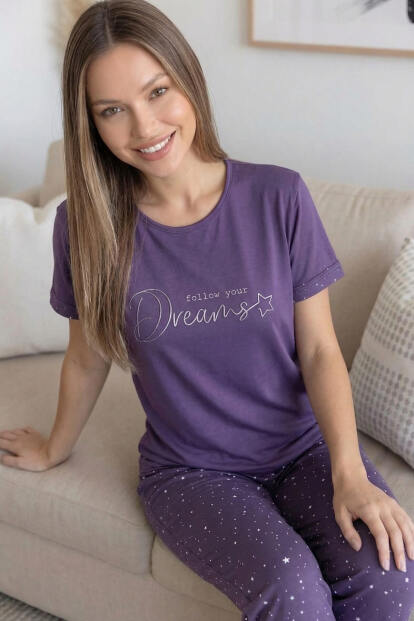 Mor Dreams Desenli Bambu Kısa Kol Kadın Pijama Takımı - 5