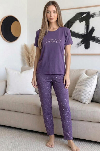 Mor Dreams Desenli Bambu Kısa Kol Kadın Pijama Takımı - 6