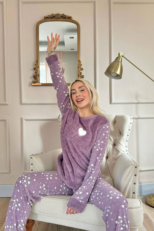 Mor Enjoy Life Desenli Kadın Peluş Pijama Takımı - Pijamaevi (2)