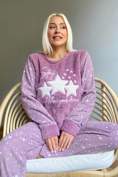 Mor Feel Stars Queen Desenli Kadın Peluş Pijama Takımı - 1