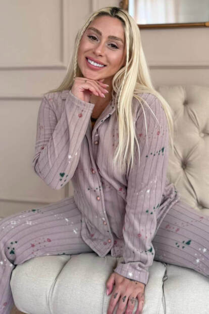 Mor Gri Yıldızlı Kalp Desenli Önden Düğmeli Peluş Polar Pijama Takımı 