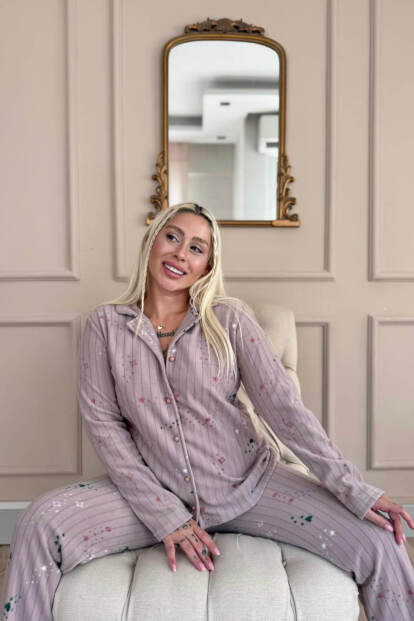 Mor Gri Yıldızlı Kalp Desenli Önden Düğmeli Peluş Polar Pijama Takımı - 3
