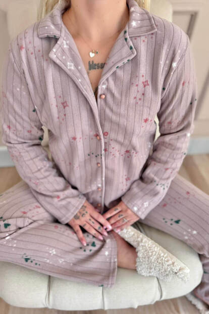 Mor Gri Yıldızlı Kalp Desenli Önden Düğmeli Peluş Polar Pijama Takımı - 5