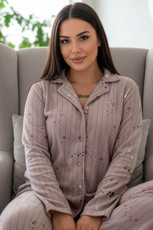 Mor Gri Yıldızlı Kalp Desenli Önden Düğmeli Peluş Polar Pijama Takımı - Pijamaevi