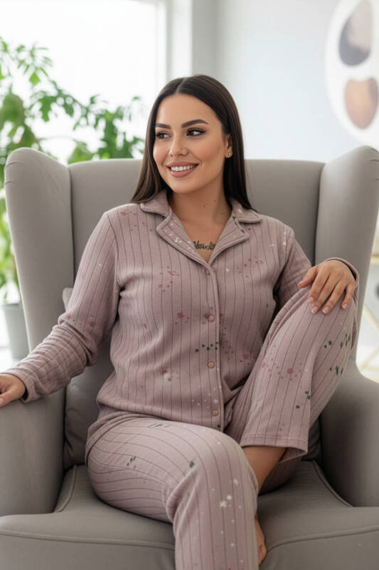 Mor Gri Yıldızlı Kalp Desenli Önden Düğmeli Peluş Polar Pijama Takımı - Pijamaevi (2)