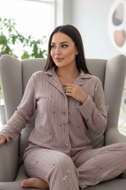 Mor Gri Yıldızlı Kalp Desenli Önden Düğmeli Peluş Polar Pijama Takımı - 4