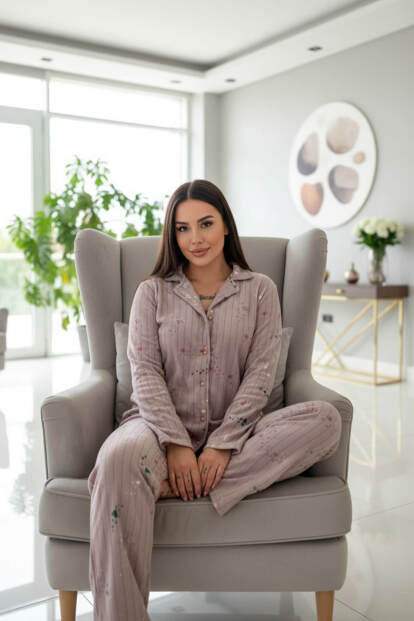 Mor Gri Yıldızlı Kalp Desenli Önden Düğmeli Peluş Polar Pijama Takımı - 5