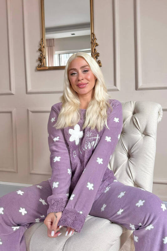 Mor Hello Winter Desenli Kadın Peluş Pijama Takımı - Pijamaevi (2)