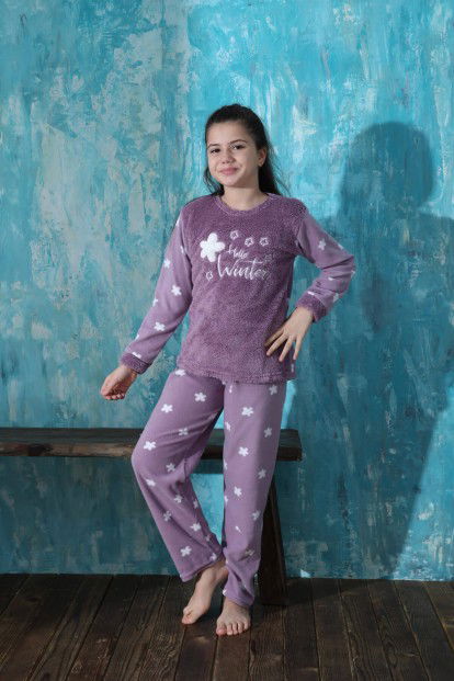 Mor Hello Winter Desenli Kız Çocuk Peluş Pijama Takımı - 5