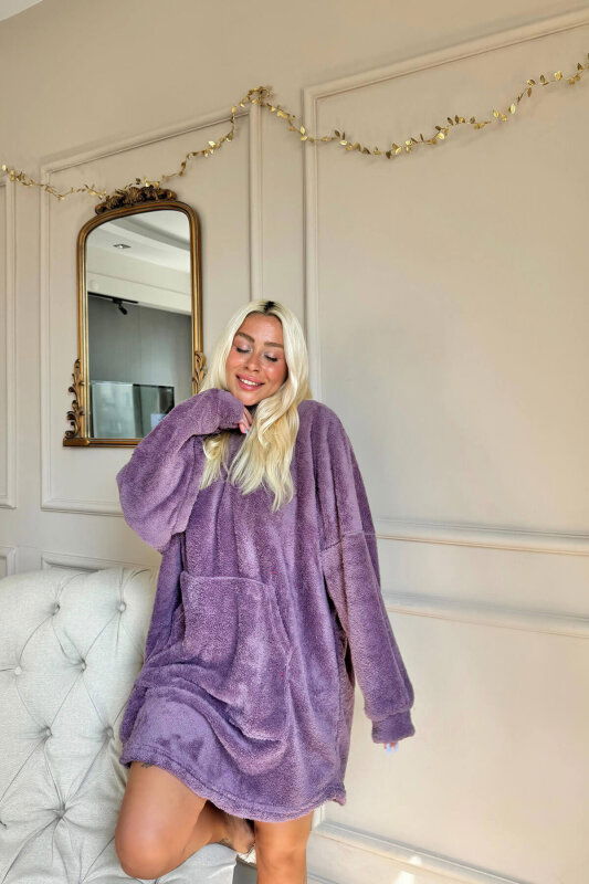 Mor Kapşonlu Tam Peluş Oversize Sweat Panço Pijama - Pijamaevi (3)