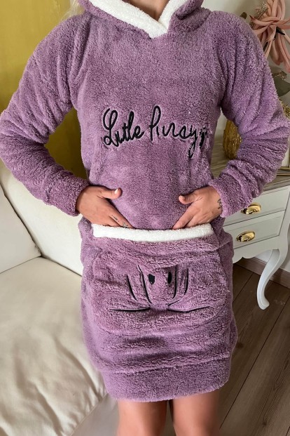 Mor Little Desenli Kapşonlu Tam Peluş Tunik Panço Pijama - 4