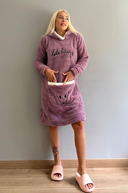Mor Little Desenli Kapşonlu Tam Peluş Tunik Panço Pijama - 5