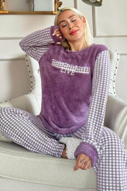 Mor Live Desenli Kadın Peluş Pijama Takımı - 6