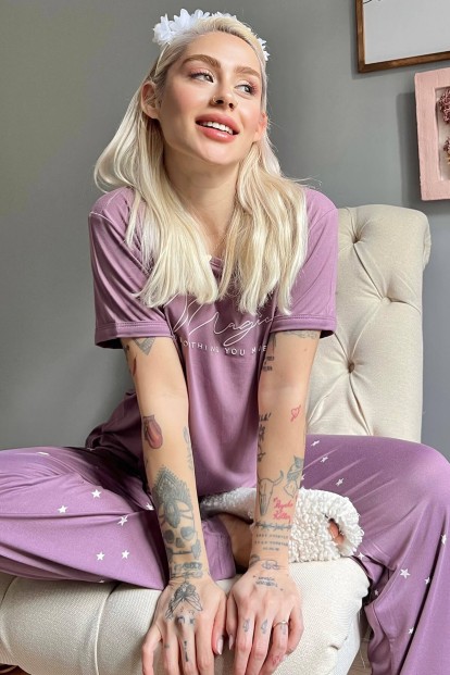 Mor Magic Desenli Bambu Kısa Kol Kadın Pijama Takımı - 1